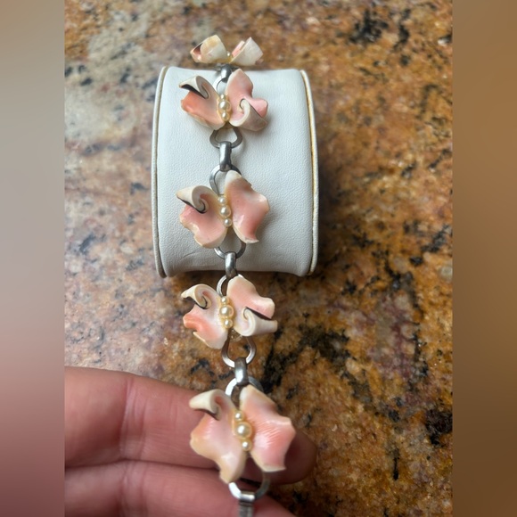 1940’s Vintage Curly Cue Coral Pink Shells & Faux Pearl Bracelet 7in Women - Picture 8 of 13